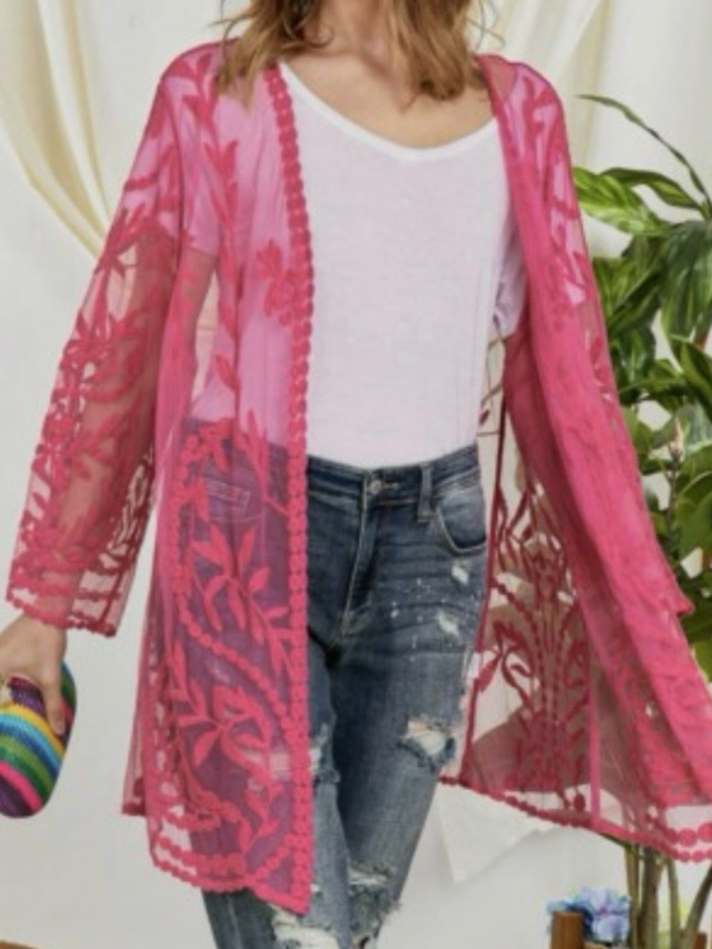 Davi & Dani Pink Floral Embroidered Lace Kimono Cardigan NWT Size Small/ Medium
